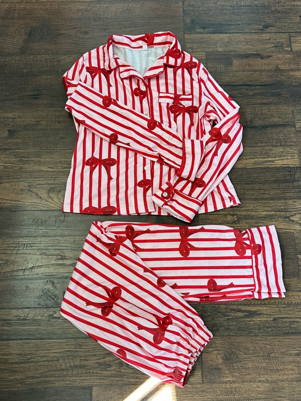 Women’s Red & White Striped Bow Pajama Set